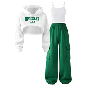 Conjunto de 3 Piezas para <span class=keywords><strong>Niñas</strong></span> Adolescentes: Sudadera Corta con Letras, Camiseta Blanca sin Mangas, <span class=keywords><strong>Pantalones</strong></span> <span class=keywords><strong>Jogger</strong></span> Cargo con Múltiples Bolsillos, Ropa Casual Infantil - Product Image 4
