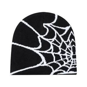 Diseño de moda personalizado Skully Beanie Desplegado Spider Web Pattern Y2k Jacquard Knit Beanies
