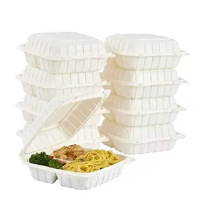 8x8" 3-Compartment Eco-Friendly Bio Clamshell To Go Box Disposable Bagasse Takeout Food Mineral Filled PP Hinged Containers