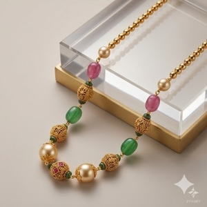 Collar Mala Antiguo de Plata 925 con Cuentas Rosas y Verdes y Detalles de Perlas, Joyería Étnica Tradicional para Mujer, Regalo de Boda - Product Image 2