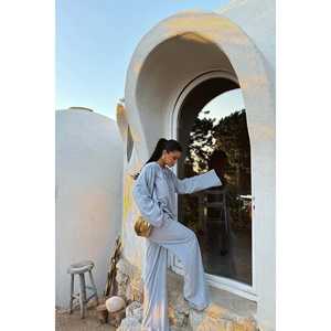 Ensemble pantalon 2 pièces en lin 100% bleu Rozi, longueur au-dessus du genou, taille XS, tenue en deux pièces, commande minimum 2 pièces - Product Image 1