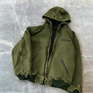 Sudadera con capucha y cremallera de mezclilla de 500 g/m² con efecto desgastado vintage, lavado ácido y mangas abullonadas, de alta calidad y personalizada - Product Image 3