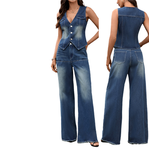 Ensemble gilet et pantalon en jean décontracté pour femme, coupe ample, couleur unie, sans manches, col en V, jambe large, longueur complète, collection Printemps-Été 2026 - Product Image 1