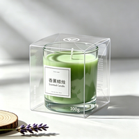 Boîte d'emballage transparente en PET biodégradable, pliée, pour bougies parfumées, avec logo imprimé, pour mariage, fête, ou articles de première nécessité.