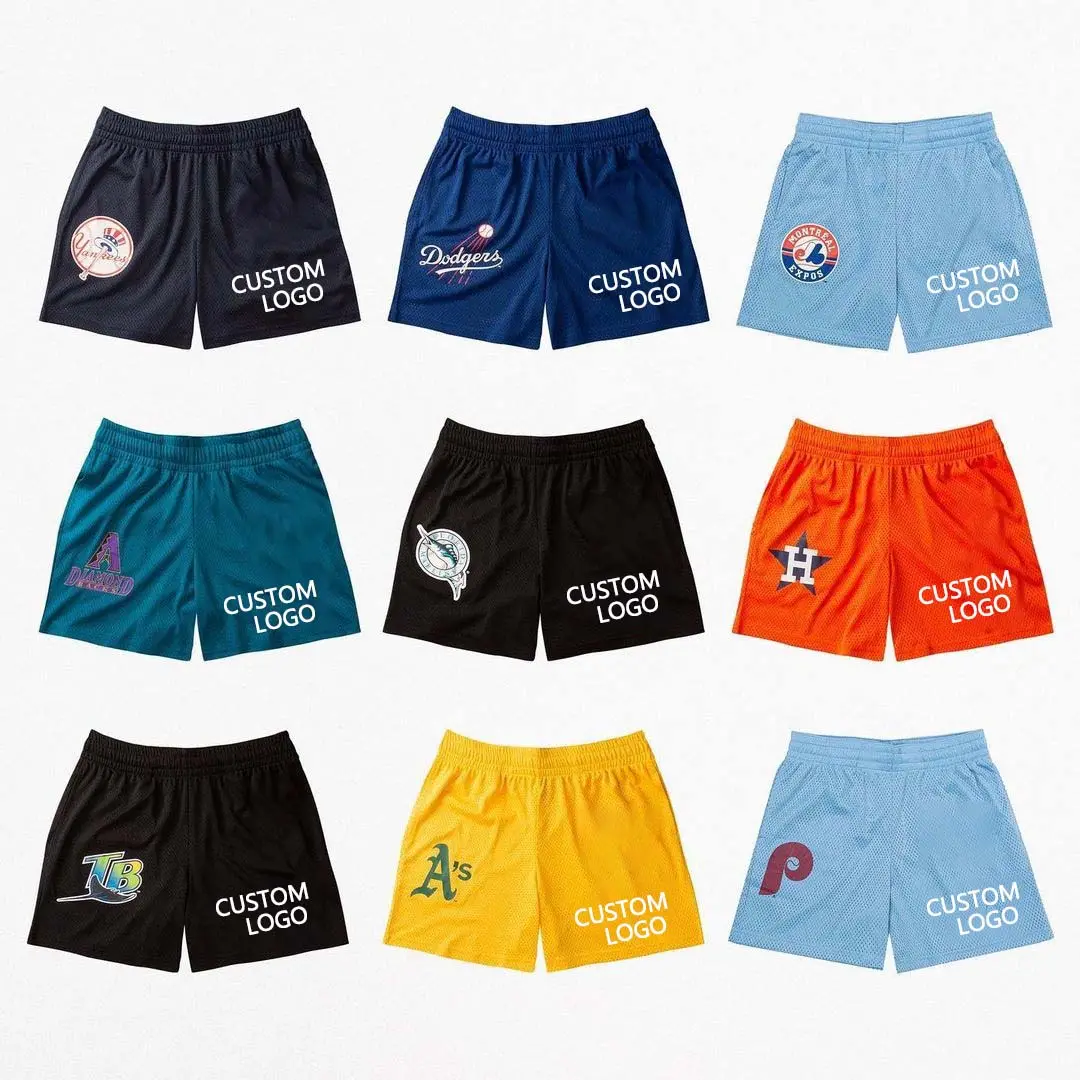 Pantaloncini in rete EEE con motivo logo personalizzato all'ingrosso pantaloni sportivi traspiranti pantaloncini basic eee da spiaggia