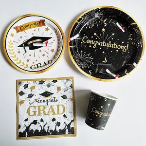 Nicro 2022 Disposable Graduation Season Black Gold Theme Paper Cup Dinnerware Grad Party Supplies Graduated Tableware Set