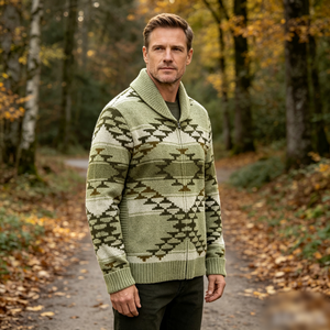 Cardigan en maille pour <span class=keywords><strong>homme</strong></span> automne-hiver, style sud-ouest, avec fermeture éclair intégrale, motif géométrique Navajo et motif losanges escalonnés, coupe ample - Product Image 4