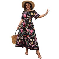 Robe maxi à fleurs à épaules dénudées, taille plus, robe longue à manches courtes brodée style bohème pour femmes, tenue de plage estivale