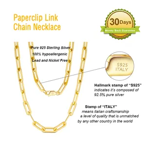 RINNTIN SC39 14K Plated Paperclip Link Chains Jewelry Chunky 925 Sterling Silver Gold Chain Necklace For Women Men Girls