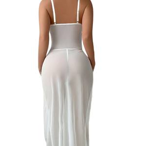 우아한 흰색 새틴 잠옷 레이스 트림 여성의 럭셔리 잠옷 투명 쉬폰 민소매 슬립 원피스 - Product Image 6