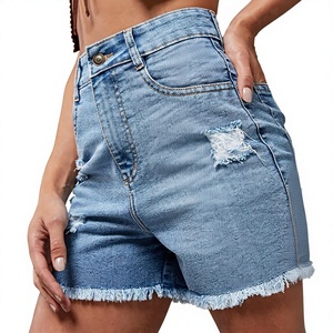 Shorts de mezclilla de algodón rasgados de cintura alta para mujer, con dobladillo deshilachado, lavado medio, estilo casual de verano, secado rápido - Product Image 6