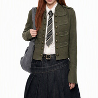 Nouvelle Arrivée Tendance Vintage Personnalisée Femme Col Montant Épaulettes Double Boutonnage Boutons Métalliques Coupe Slim Veste Courte Cargo