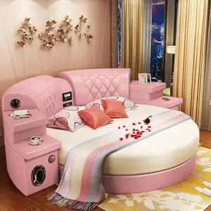 Мебель для спальни розового цвета, 2,2 м, современная кожаная Массажная круглая кровать для взрослых с матрасом