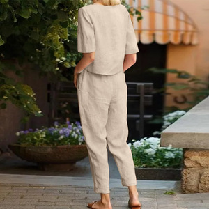 Set Estivo Retrò da <span class=keywords><strong>Donna</strong></span> con Blusa Oversize a Mezza Manica in Cotone e <span class=keywords><strong>Lino</strong></span> con Colletto a O e <span class=keywords><strong>Pantaloni</strong></span> a Gamba Larga - Product Image 2