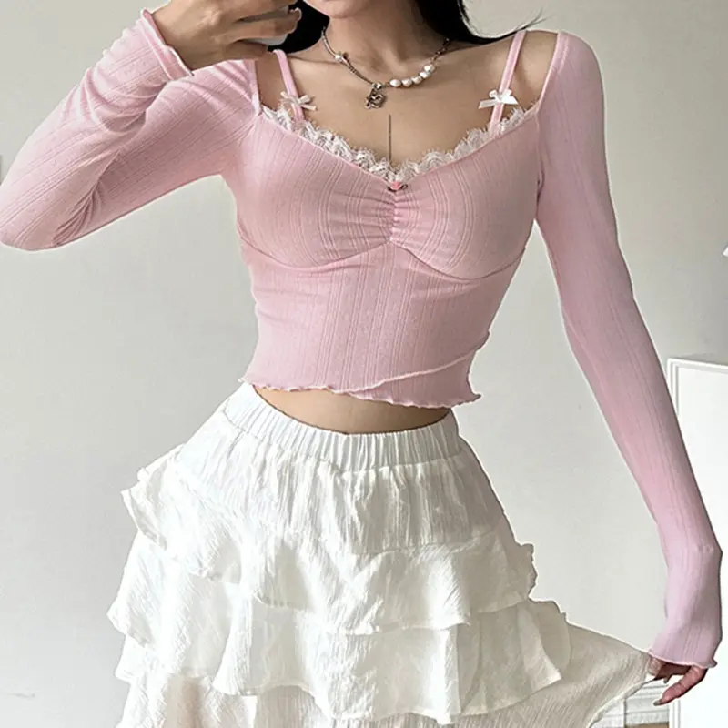 Pure desire square collar lace stitching long sleeve T-shirt high quality women fitted top