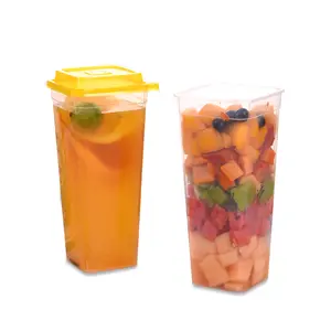 Wegwerp Vierkante Melkthee Plastic Beker 1000Ml Verdikte Transparante Vierkante Pp Spuitgegoten Fruittheekop Met Deksel En Lepel