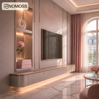 Meuble TV mural moderne de luxe avec finition laquée gris rose et cadre métallique or rose pour salon de villa, compatible avec les téléviseurs de 65 pouces et plus, facile à nettoyer
