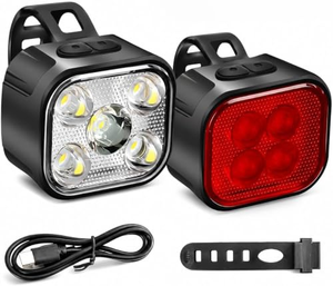 ชุดไฟจักรยานแบบชาร์จ USB สำหรับขี่กลางคืน ไฟ LED ด้านหน้าและด้านหลัง พร้อมฟังก์ชั่นจดจำการตั้งค่า ชาร์จด้วยพอร์ต Type C ใช้พลังงานจากแบตเตอรี่ - Product Image 1