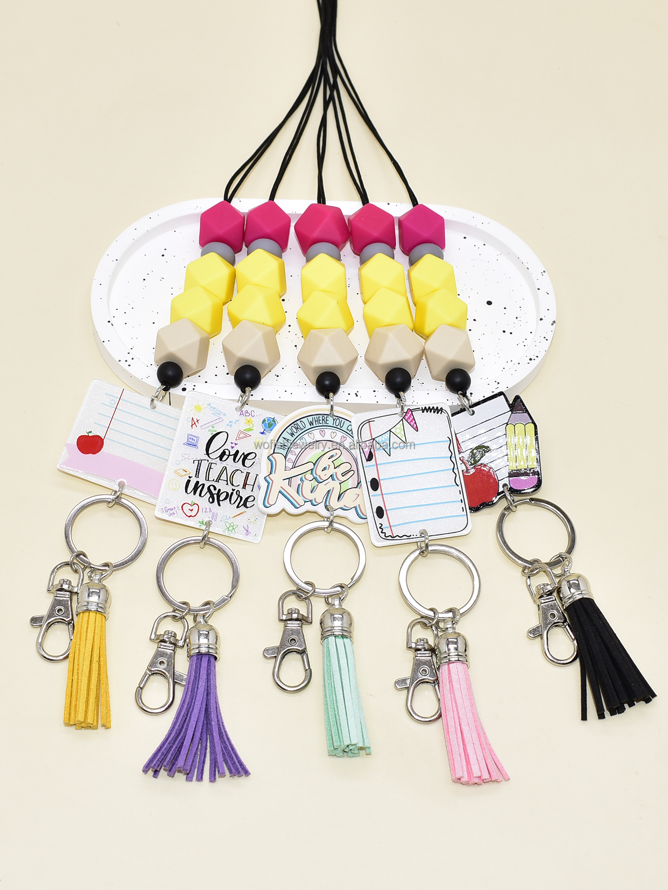 Cute Style Faceted Silicone Beads Keyring Pencil Colors Acrylic Notebook Composition Book Rainbow Lanyard Keychain Image 3