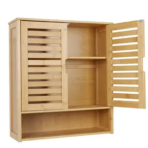Wholesale Natural Bamboo Bathroom Wall Cabinet Storage 2 Door Cupboard 3 Shelves Vanity Unit