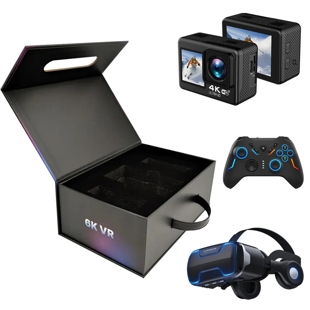 Caja VR negra rígida de lujo con impresión personalizada, embalaje de productos electrónicos, cajas magnéticas para consolas de juegos, cámara con asa