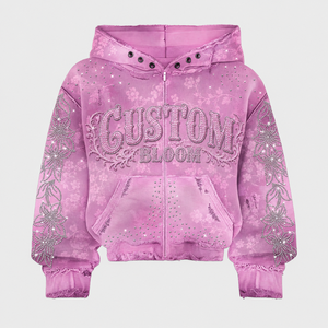 OEM Oversized French Terry Hoodie 500Gsm Zip Up Vintage <b>Wash</b> Rhinestone Distressed Patchwork High Quality Men Hoodie - Product Image 3