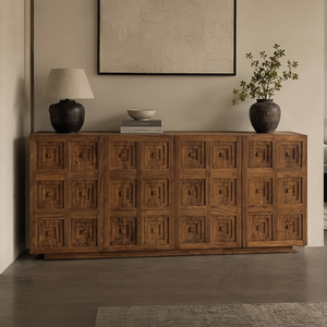 Custom-design Solid Teak Wood Console Cabinet Geometric Carving <b>Sideboard</b> Contemporary Modern Multifunction Living Room <b>Rustic</b> - Product Image 1