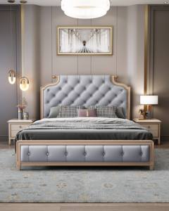 Cadre de lit king size capitonné gris, lit double moderne en bois massif pour meubles de chambre à coucher - Product Image 4