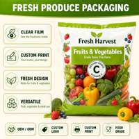 Sachet plastique transparent personnalisé imprimé, à fond plat, pour l'emballage de fruits et légumes frais, idéal pour les supermarchés et la vente au détail