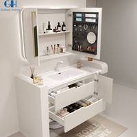 Meuble de salle de bain mural étanche au design unique, en bois massif, avec 2 portes miroir