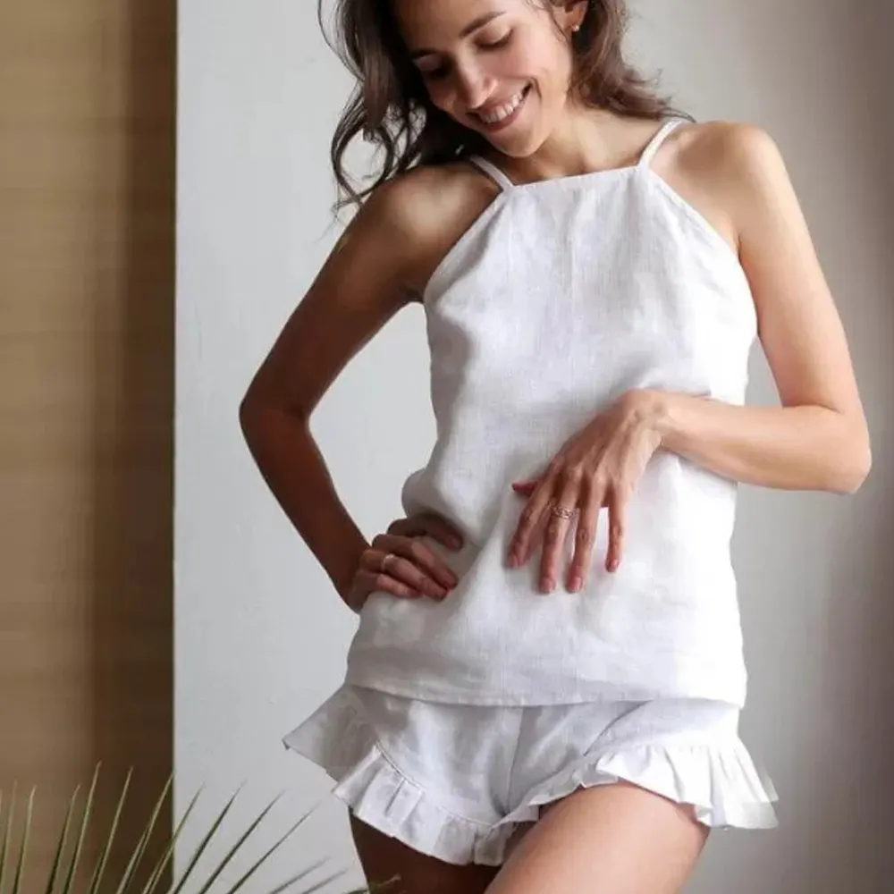 Baju tidur linen alami Perancis organik piyama linen murni kemeja malam untuk wanita grosir bordir ukuran kustom