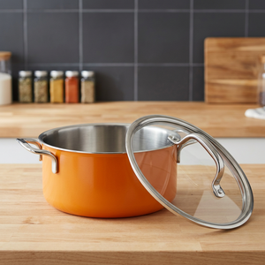 Casserole en émail orange avec couvercle en verre, intérieur en acier inoxydable, design moderne et durable - Product Image 4