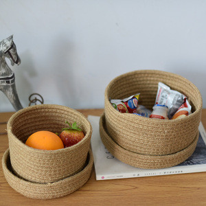 Jute Woven <b>Basket</b> Round Storage Box With Lid Handmade Desktop Organizer For Cosmetics Keys Snacks - Product Image 2