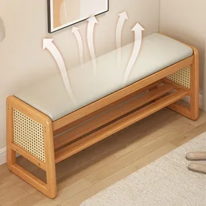Taburete para Cambiar Zapatos Tejido Teng para Entrada/Puerta de Casa, Almacenamiento Multicapa, Estantes Abiertos, Diseño Rectangular de Madera Maciza - Product Image 6