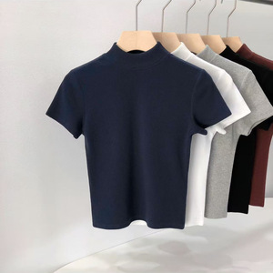 T-shirt en tricot à col haut et manches courtes pour femme, coton côtelé, coupe ajustée, gris, blanc, noir, bleu marine - Product Image 2