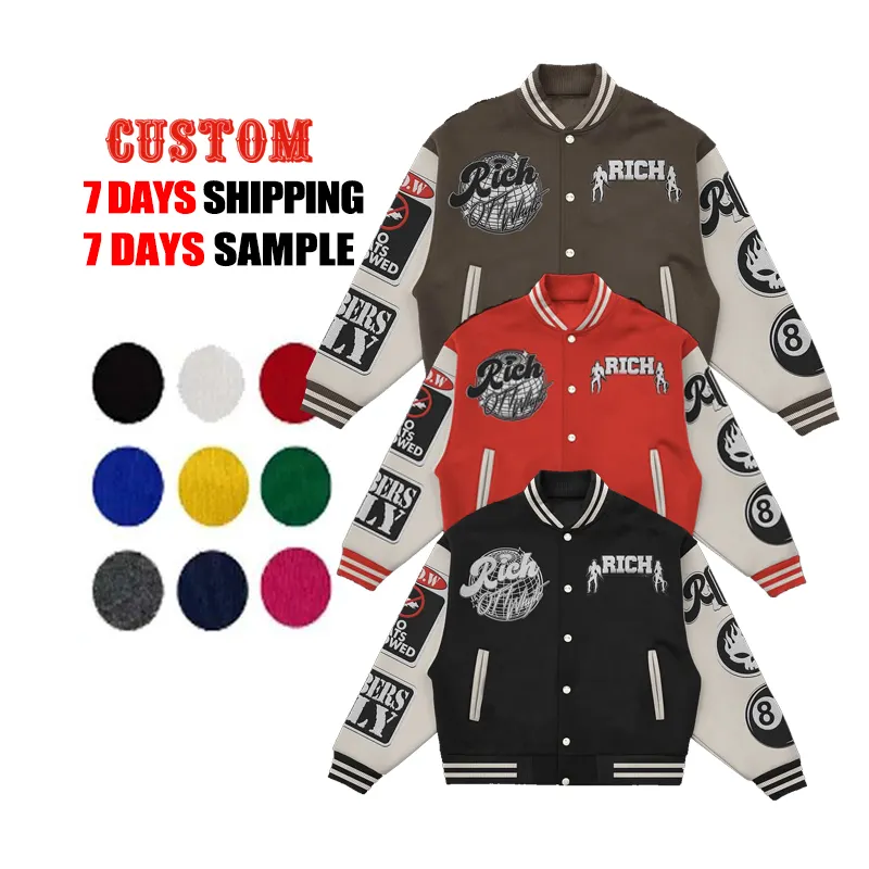 OEM Custom Wool Patch Leather Sleeve Vintage Letter Man Varsity Chenille Embroidery Bomber Jacket For Men