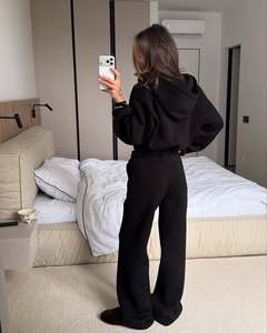 Ensemble de survêtement chic et élégant de luxe, haut de gamme, avec sweat à capuche court zippé et pantalon large, couleur marron chocolat uni, deux pièces, vêtements de détente, taille S - Product Image 2