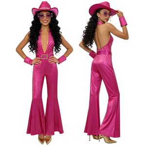 Mono de satén para mujer, pantalones acampanados de cintura alta, disfraz de fiesta hip hop, atuendo retro de discoteca, sin etiqueta, sin colgante. - Product Image 1
