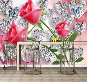 Carta da Parati 3D Romantica con Rose e Cuori <span class=keywords><strong>di</strong></span> Diamanti, Murale a Tema Amore per Decorazione d'Interni - Product Image 4