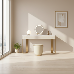 Ensemble de coiffeuse de luxe moderne en bois massif de style européen avec miroir éclairé, pieds dorés, tabouret de coiffeuse multifonctionnel et écologique - Product Image 5