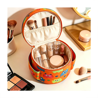Sac cosmétique rond à poignée supérieure, imprimé monstre coloré, poches latérales, organiseur de maquillage pour les voyages et l'usage quotidien