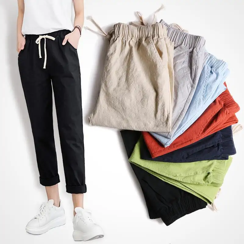Brand Chic Loose Cotton Linen Pants Women Soft Harem Pants Breathable Slim Ankle Length Korean Leisure Hallen Pants Black