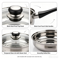 Ensemble de casseroles classiques écologiques de style américain en acier inoxydable avec couvercle en verre, poêle à frire compatible induction