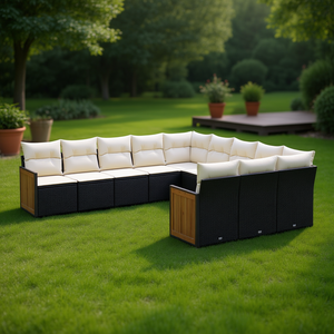 Ensemble de canapés de jardin modulaires en rotin noir avec coussins crème, mobilier d'extérieur 10 places, design contemporain, structure en teck - Product Image 2