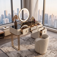 Coiffeuse de luxe moderne blanche et or avec 5 tiroirs, miroir rond LED et tabouret matelassé - Ensemble table de maquillage pour chambre à coucher