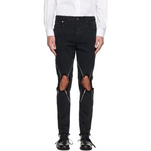 Custom <b>Black</b> <b>Stretch</b> Denim Jeans Zip Vents Frayed Cut Out Knees Holes Charcoal Jean <b>Trousers</b> for Men Slim Fit Jeans - Product Image 1