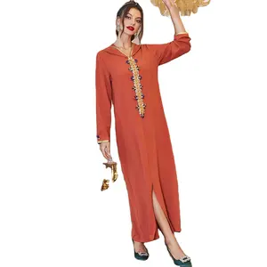 Abaya เดรสยาวแฟชั่นของผู้หญิง,เดรสผ้าบางสีอาหรับขาวมีพลอยเทียมห้าสีเย็บด้วยมือสีส้มเผาใหม่ปี2023