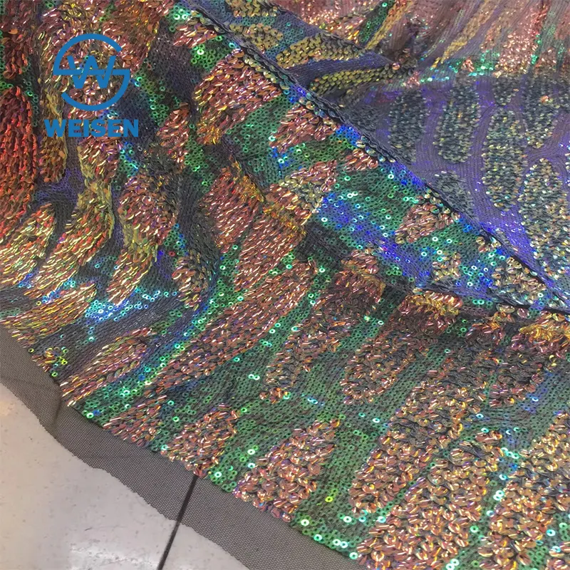グリッツテキスタイルティール装飾卸売虹色の葉の凹面スパンコール生地