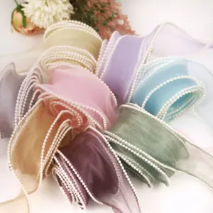 W01ขายส่งหรูหรา Fishtail เส้นด้ายมุกลูกไม้ตัดส่าหรีผ้าไหมโบว์ของขวัญ Organza ริบบิ้น