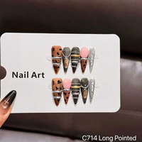 Faux ongles à presser faits main C714, forme amande, à coller, imprimé léopard rose gris métallisé, style européen pour femmes